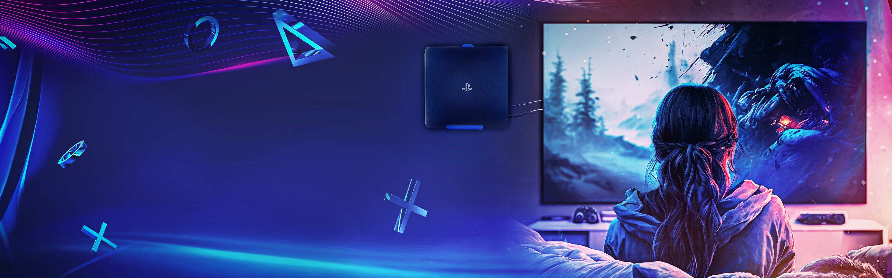 Konsolen-Wandhalterung-hängt-neben-Fernseher-in-Gamingzimmer
